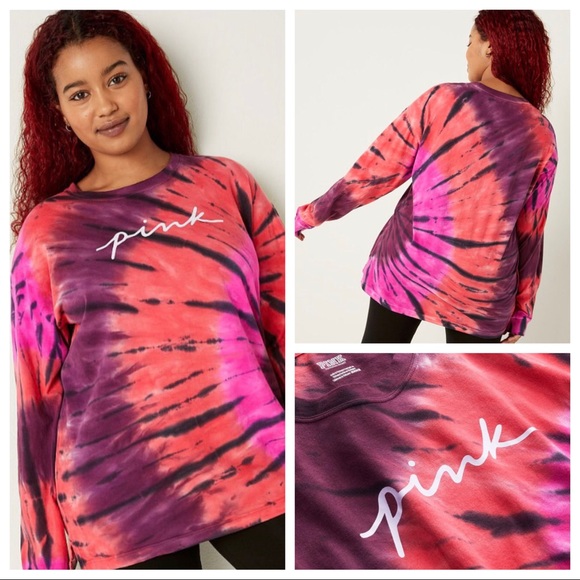 PINK Victoria's Secret Tops - VS VICTORIAS SECRET PINK CAMPUS LONG SLEEVE TEE TOP SUPERNOVA TIE DYE SCRIPT M